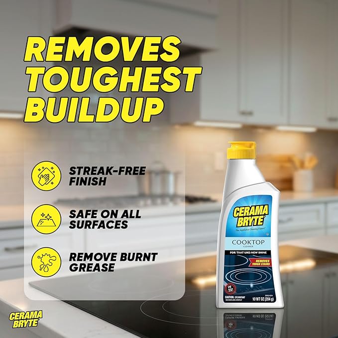 Cerama Bryte Glass Cooktop and Stove Top Cleaner Combo Kit - Includes Cleaning Tool, Razor, Scraper and 3 Pads to Remove Tough Stains - Use on Gas