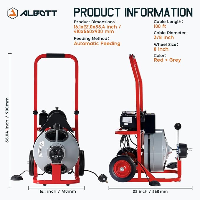 Albott 100 FT x 3/8 inch Electric Drain Cleaner Machine with Auto-Feed & 10 Cutters, Sewer Snake Auger for 1–4 Inch Pipes, Wheels & Foot Switch, Ideal for Home & Commercial Use, Gray/Red