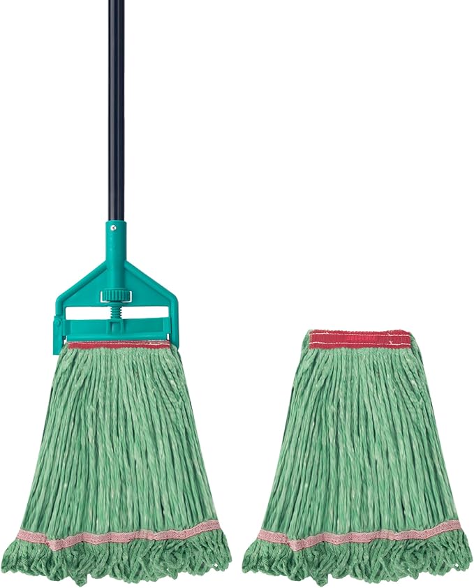 KeFanta 60 Inch Loop-End String Mop Heavy Duty Commercial Mops for Floor Cleaning,Industrial Cotton Wet Mop with Extra Mops Head Replacement(Green)