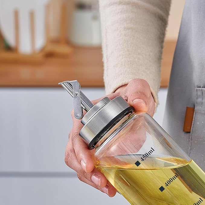 Verdental 15 oz Glass Olive Oil Dispenser Bottle with Stainless Steel Pourer Spout for Cooking Oil, Syrups, Vinegar, Sauces, Wines with Non-slip Silicone Ring and Labels (450 ML)