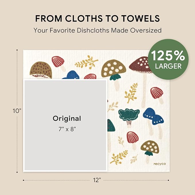 RECYCO Swedish Dishcloths for Kitchen | 4 Pack Oversized Washable Dish Rags | Large Cellulose Reusable Cleaning Paper Towels | Absorbent Counter Dish Cloth Sponge XL Kitchen Wipes, 12" L x 10" W