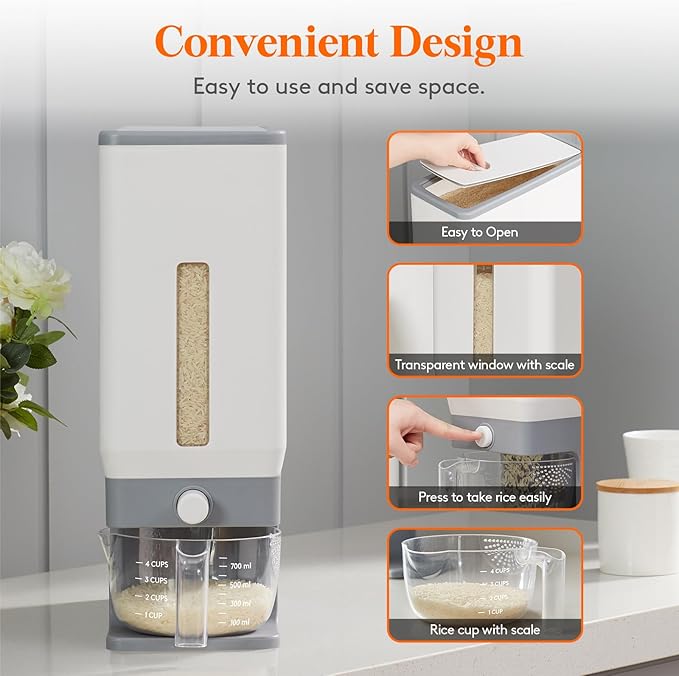 Lifewit 2 Pack Rice Dispenser 25 Lbs(11.3kg), Rice Storage Container Sealed Moisture Proof with Measuring Cup for Kitchen Pantry Household, BPA-Free