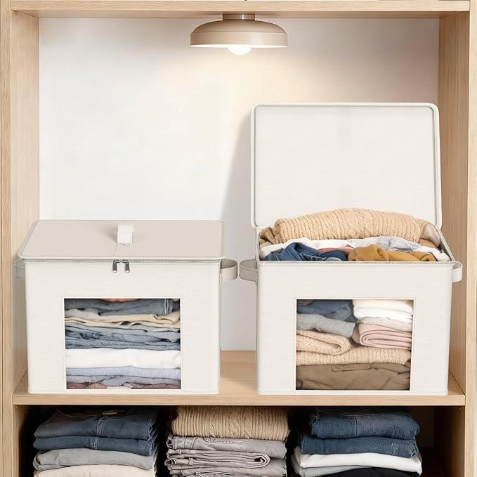 Zilink Fabric Storage Bins with Lid 4-Pack Stackable Cloth Storage Bins Sweater Organizer with Zipper & Clear Window Closet Organizers and Storage Box for Home, Office, Bedroom (Beige,17" x 12" x 12")