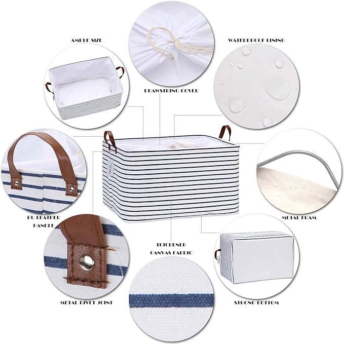 Hinwo 70L Extra Large Storage Bins, 4-Pack Closet Organizers and Storage, Foldable Clothes Storage Baskets with Handles, Containers for Clothing, Blanket, Comforters, Toys, Bedding (Navy Stripe)