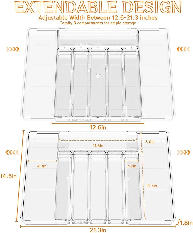 Clear Expandable Silverware Drawer Organizer, Adjust From 11'' to 22'', Knife