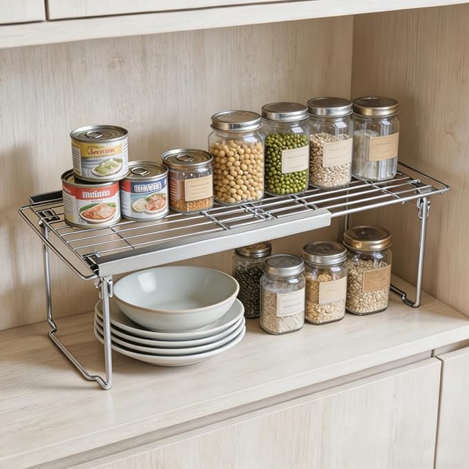 Orgneas Expandable Cabinet Shelf Organizer, Adjustable Freezer Shelf 15.8"-22" Thickened Heavy Duty Organizer and Storage Shelves for Kitchen Cabinet Pantry Refrigerator, 2 Pcs
