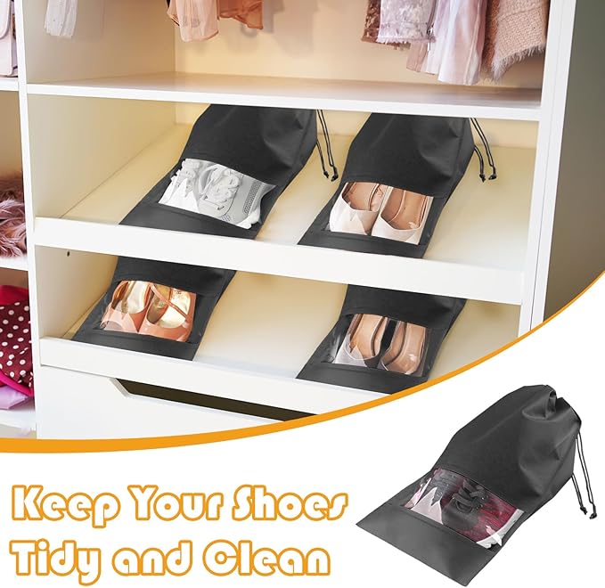 Large Black Travel Shoe Bags, 5 Pcs with Clear Window, Non-Woven Drawstring