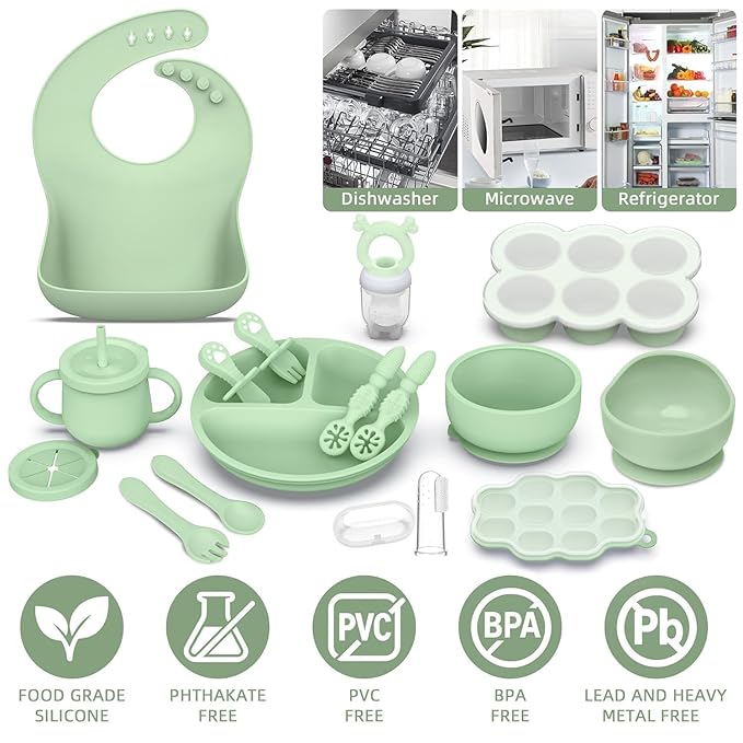 16 Pack Silicone Baby Feeding Set, BPA-Free Baby LED Weaning Supplies, Include Suction Plates, Baby Bowls, Silicone Fork & Spoon, and More, First Stage Baby Food Eating Utensils - 6+ Months(Green, 16)