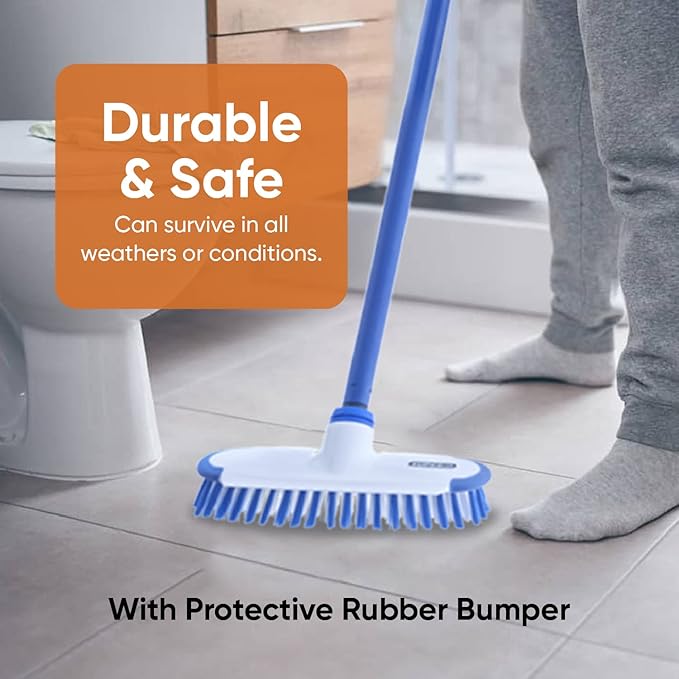 Superio Deck Brush with Long Handle Heavy Duty Stiff Bristles Grout Scrubber Brush with Scraper, Cleans Hot Tub, Pool, Granite Tiles, Bathroom, Patio, Garage, Kitchen, Wall and Deck (1, 48")