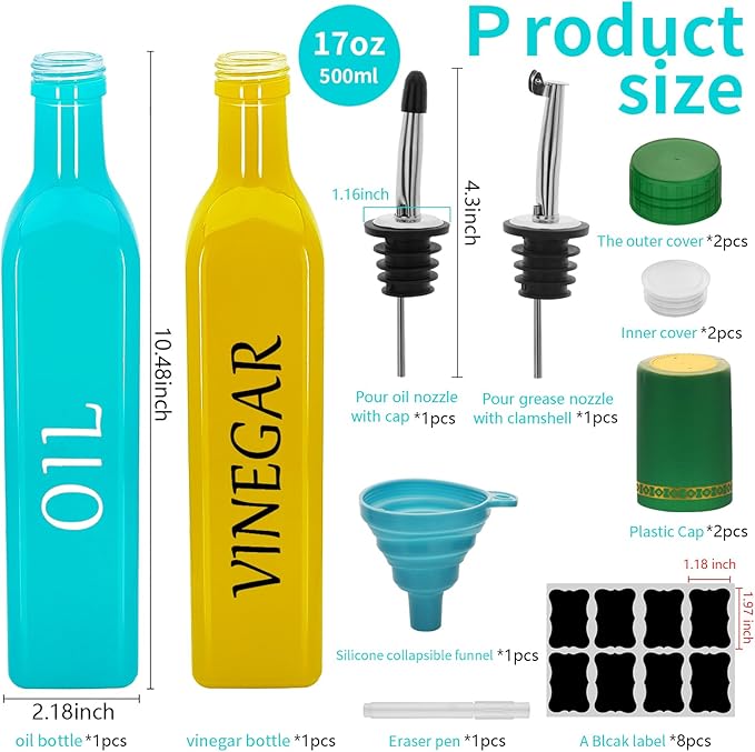 Olive Oil Dispenser Bottle,2 Pcs 17oz 500ml Glass O il and Vinegar Dispenser Set with 2 Stainless Steel Pourers, 8 Labels,Funnel Vinegar Bottles for Kitchen (Turquoise Oil & Yellow Vinegar)