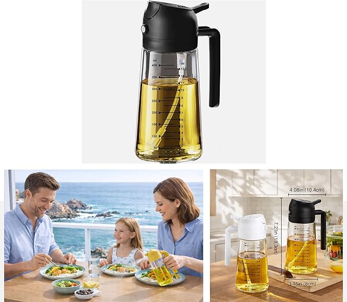 16oz/470ml Glass Olive Oil Sprayer for Cooking, 2 in 1 Oil Dispenser for Kitchen Gadgets, Food Grade Premium Spray Bottle with Portion Control for Salad, Frying