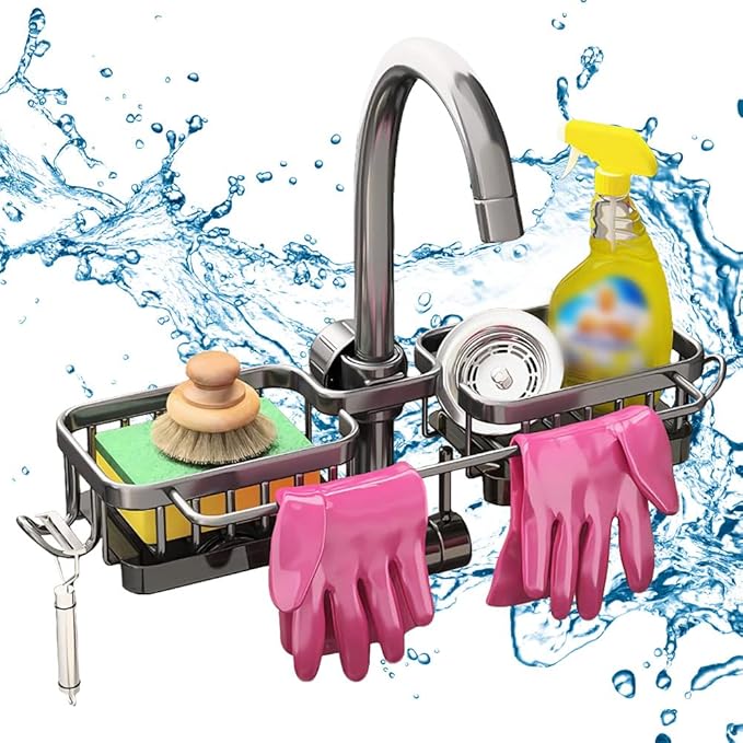 Eadwe Sink Organizer Rack for Kitchen and Bathroom, 2024 New Kitchen Sink Faucet Organizer with Drip Tray Faucet Sponge Holder (Grey, Left+Right)