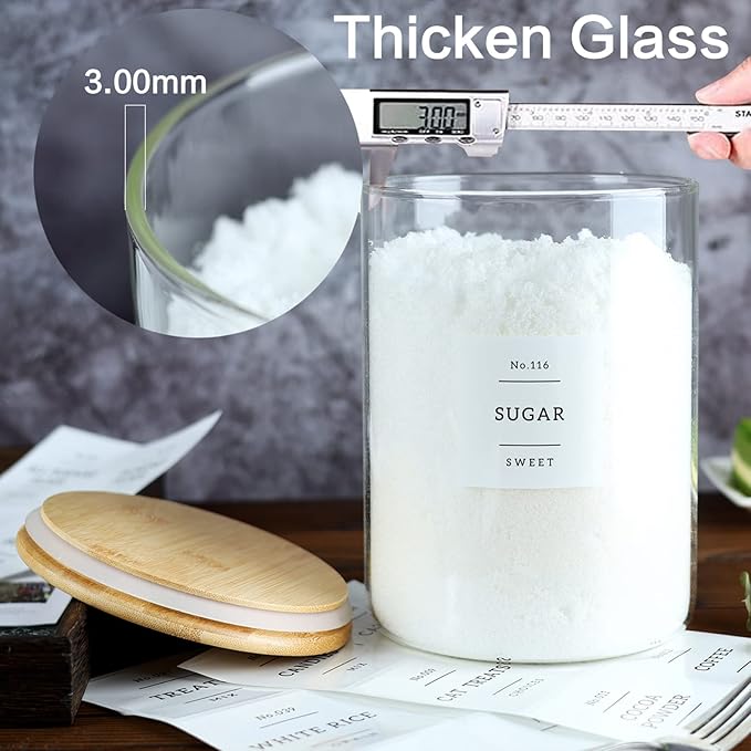 CZSZYGHBAO Large Glass Flour and Sugar Containers Jars with Bamboo Airtight Lid - 100 Fl Oz (3000ml) with Kitchen 42 Pantry Labels for Dry Food, Flour