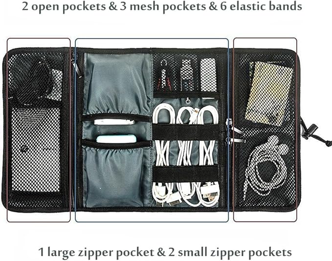 ProCase Electronic Organizer Cord Pouch, Travel Cable Charger Phone Accessories Bag Organizer Roll up Tech Carrying Case for USB Cables SD Memory Cards Earphone Flash Hard Drive –Black