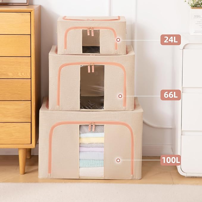 GuliPostan 3 Pack 66L Stackable Clothes Storage Bins with Metal Frame Handles & Zipper, Collapsible Closet Organizer Box with Lid for Bedding Blankets Towel (Beige)