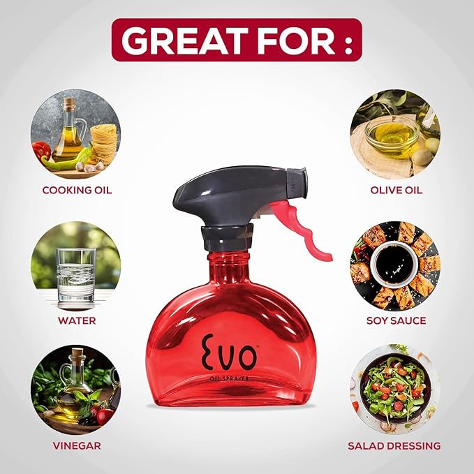 Evo Glass Oil Sprayer Bottle | Non-Aerosol for Olive Oil, Cooking Oils, Vinegars | 6-Oz Capacity | Rotatable Nozzle | Gourmet Cooking Tools - Food-Safe Materials | Red
