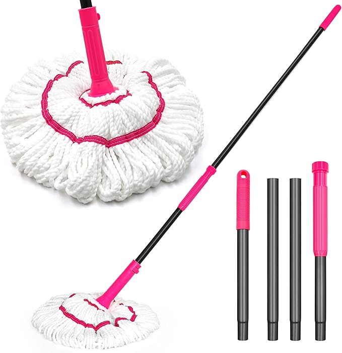 Self Wringing Twist Mop for Floor Cleaning, Upgraded 18-inch Wide Microfiber Mops, 55 Inches Long Handle Wet Dry Kitchen Easy Squeeze String Mop for Wood, Hardwood, Tile, Marble (red)