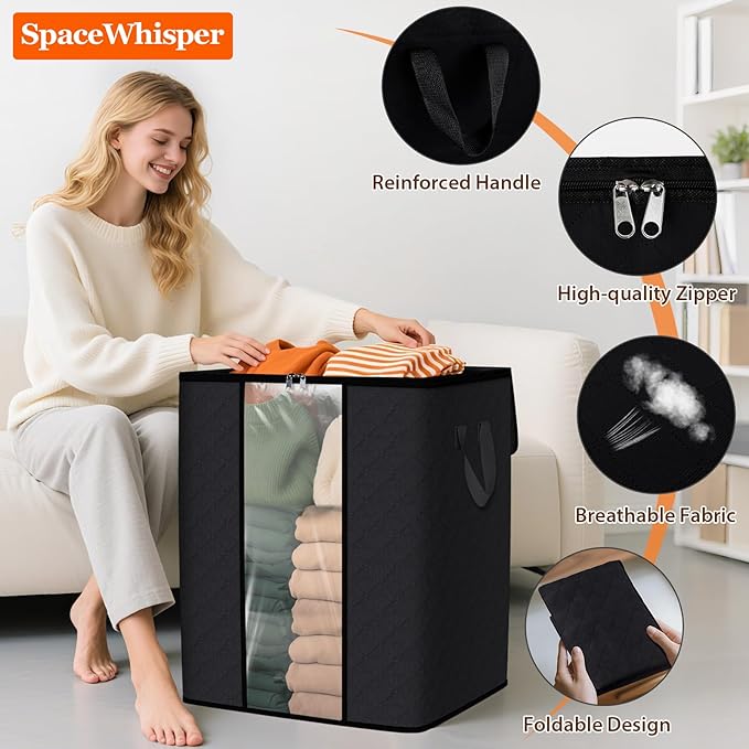 8 Pack 100L Clothes Storage, Foldable Thick Fabric Blanket Storage Bags, Black