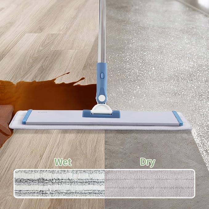CQT Commercial Flat Microfiber Floor Mop Cleaning System 18" Inch Wet Dry and Dust Hardwood with 4 Washable Pads Cleaner for Laminate Tile Stainless Steel Handle and Extension (PT13-Blue)