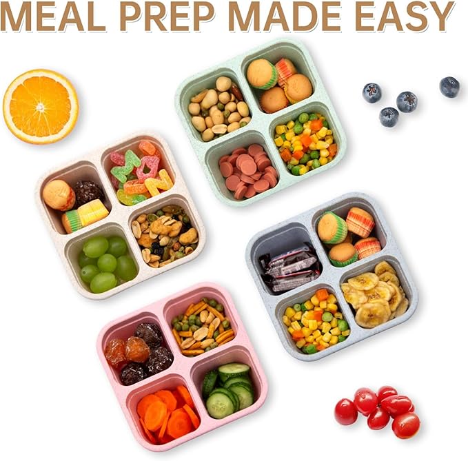 4 Pack Bento Lunch Box，4 Compartment Snack Containers，Divided Bento Snack Box，Meal Prep Containers Kids/Toddle/Adults
