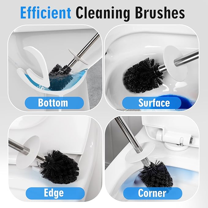 Matt White Ceramic Toilet Brush and Holder Set, Freestanding Toilet Bowl Cleaners Brush, Scrubber Brush for Toilet, Bathroom Accessories with Stainless Handle, Deep Cleaning