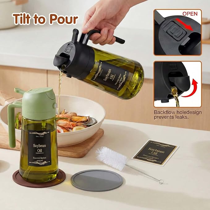 2pcs Oil Sprayer for Cooking;16oz/470ml 2 in 1 oil dispenser and oil sprayer;Light-Blocking Dark Green Glass Oil Bottle for Air Fryer, BBQ, Kitchen Gadgets with cleaning brush,Non-slip mat