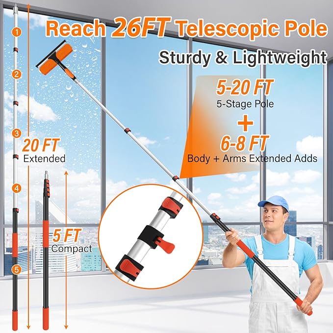 26FT High Reach Duster Cleaning Kit with 5-20 FT Extension Pole,High Ceiling Dusting and Window Cleaning Kit with Microfiber Feather Duster,Cobweb Duster,Ceiling Fan Duster,Window Squeegee Cleaner