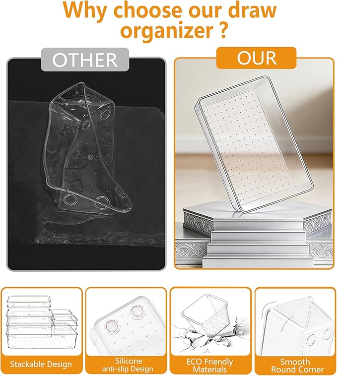 25 Pcs Clear Plastic Drawer Organizer Set, 4 Sizes Versatile Bathroom and Vanity Organizer Trays for Makeup, Non-Slip Desk Organizer for Bedroom, Office, Fits Jewelry and Office Supplies
