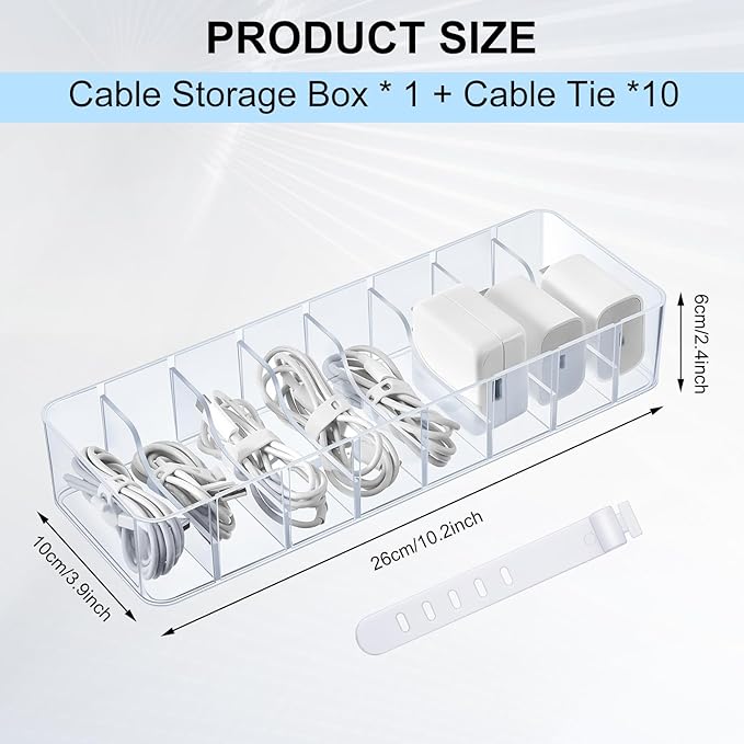 Tatuo 1 Pcs Cable Organizer with 10 Wire Ties, Plastic Cord Storage Charger Box Electronics Organizer with Adjustment Compartments Cable Storage for Drawer Home Office Desk Accessories (Clear)