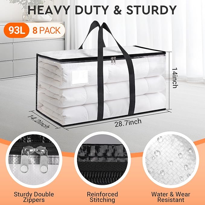 Clear Moving Bags Heavy Duty 8 Pack, Storage Bags with Zipper, 28.7"x14.2"x14"