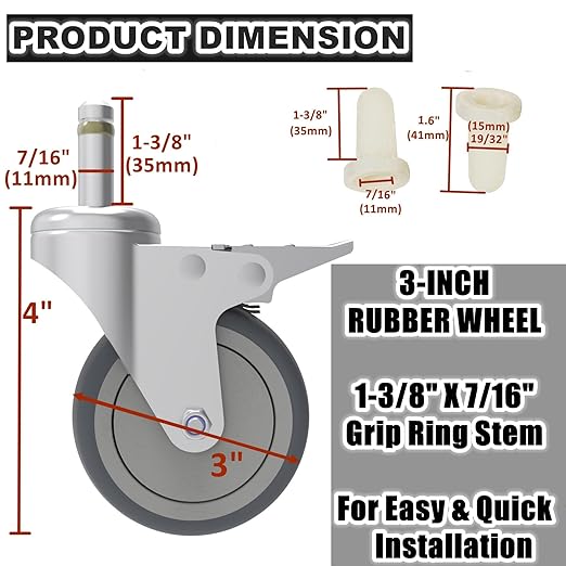 RILIDRI 3-Inch Swivel Stem Caster, 7/16-Inch Stem Diameter Rubber Wheel, Heavy Duty TPR Replacement Wheels for Rubbermaid Mop Bucket Cart Grill Casters - 4 Pack (2 Brakes 2 Swivel)