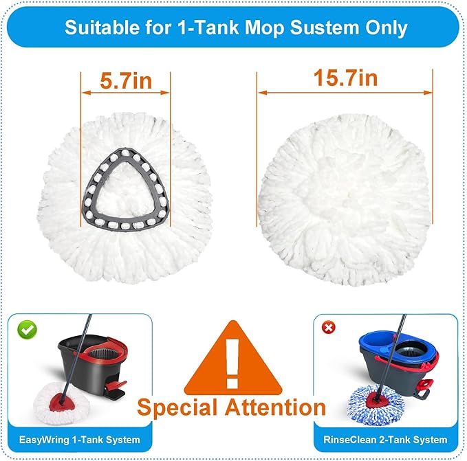 Easywring 1-Tank System,Mop Replacement Heads for O-Ceda Mop Replace Head, Spin Mop Heads Replacements, Microfiber Spin Mop Refills, Easy Cleaning Mop Head Replacement (White-3pcs)
