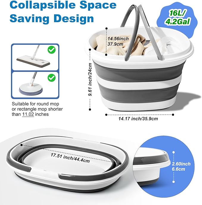 16L Collapsible Mop Bucket with Handles - Space Saving Foldable Silicone Tub for Cleaning, Laundry, Storage - Portable Wash Basin for Home & Car - 4.2 Gallon Compact Utility Bucket