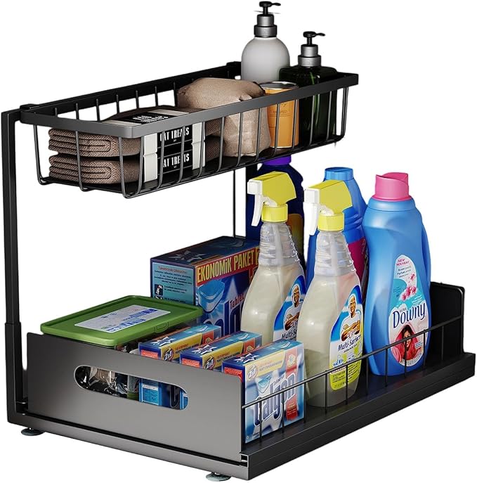 Under Sink Organizer, 2 Tier Pull-Out Cabinet Storage Shelf, 1 Pack Black