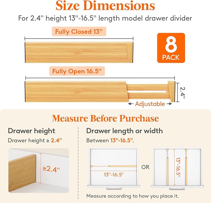 2.4" High 8 Pack Bamboo Drawer Dividers 33-42cm/13-16.5" Adjustable Wooden