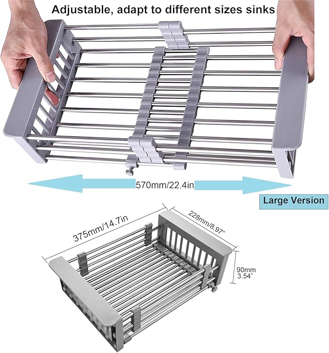 Aspasia Dish Drying Rack, Adjustable Stainless Steel Drainer Basket Drain Tray for Dish Vegetable Fruit, On Counter Dish Rack or in Sink Over Sink Kitchen, Black Basket Dish Drying Rack, Large