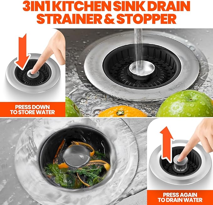 3 in 1 Kitchen Sink Drain Strainer & Sink Stopper Upgraded Stainless Steel Drain Plug with Anti-Clog Basket Drain Stopper Combo