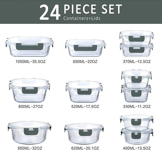 M MCIRCO 24-Piece Glass Food Storage Containers with Upgraded Snap Locking Lids,Glass Meal Prep Containers Set - Airtight Lunch Containers, Microwave