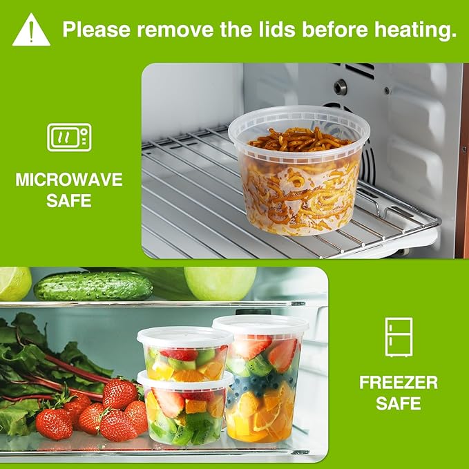 NEEBAKE 16 Oz Deli-Containers-with-Lids - 60 Set Plastic Food-Storage-Containers-with-Lids, Microwaveable & Freezer Safe To-Go-Containers