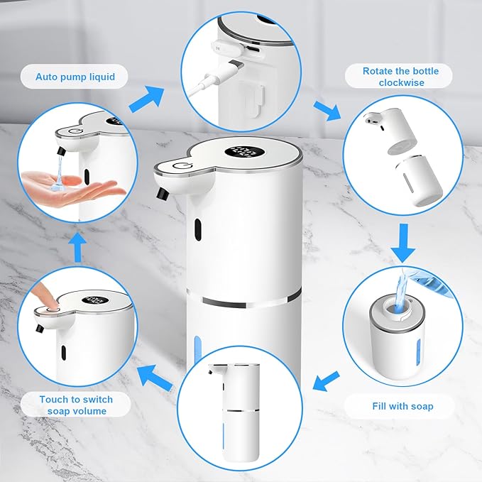 Automatic Liquid Soap Dispenser,6 Level Adjustable Liquid, Wall Mount Soap Dispenser,USB Rechargeable with LED Display,12.8oz/ 380ml Touchless Hand & Dish Dispenser for Bathroom, Kitchen