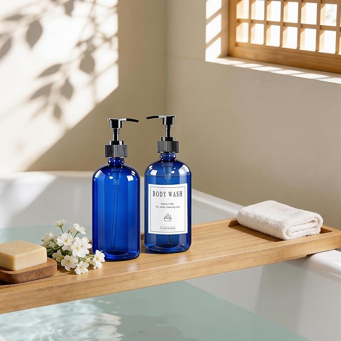 TBWIND 12 Pack 8oz Blue Glass Soap Dispenser Bottles with Pumps, Refillable Glass Bottles for Shampoo, Conditioner & Lotion, Ideal for Bathroom, Kitchen, Waterproof Labels & Funnels Included