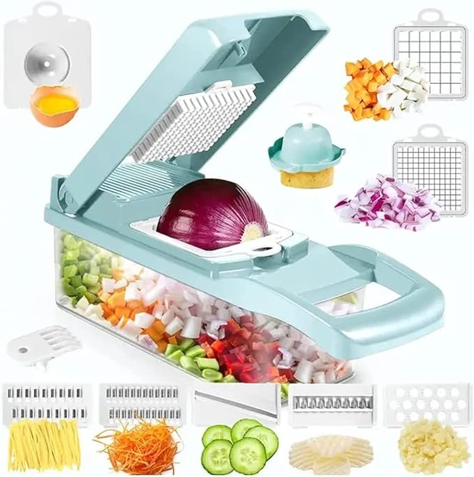 Bohai Food Chopper Vegetable-Fruit-Cheese-Onion Dicer Tomato Cutter Grater 12 in 1 Veggie Spiralizer Salad Potato Slicer with Container Multi-function Kitchen Aid Carrot Light Blue