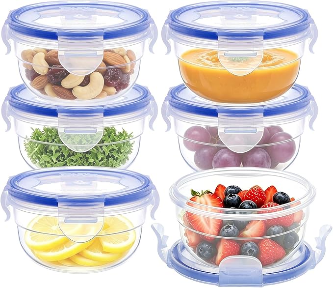KIGI Round Food Storage Containers with Lids, Leak Proof Small Plastic Bowls for Snacks, Puree, Meal Prep and Lunch, Freezer Safe, 4-Sided Locking Lid