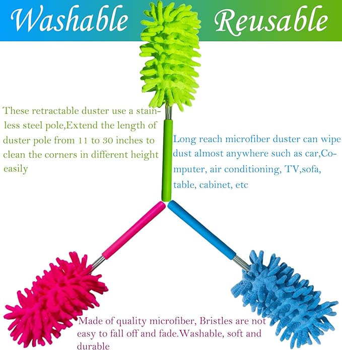 M-Jump 3 Pack Retractable Long-Reach Washable Duster for Cleaning, Microfiber Hand Duster Brush with Telescoping Pole for Cleaning Car, Window