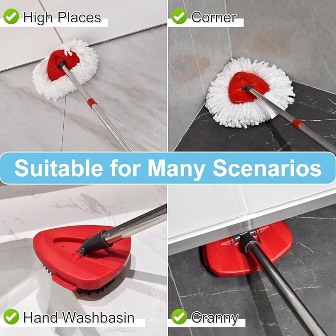 Spin Mop Handle, Mop Replacement Head,Brush,Base Compatible with OCedar EasyWring 1 Tank,2 Microfiber Mop Refills,1 Mop Base,1 Brush and 30-58" Mop Handle Combo Set for OCeda,Use for Floor Cleaning