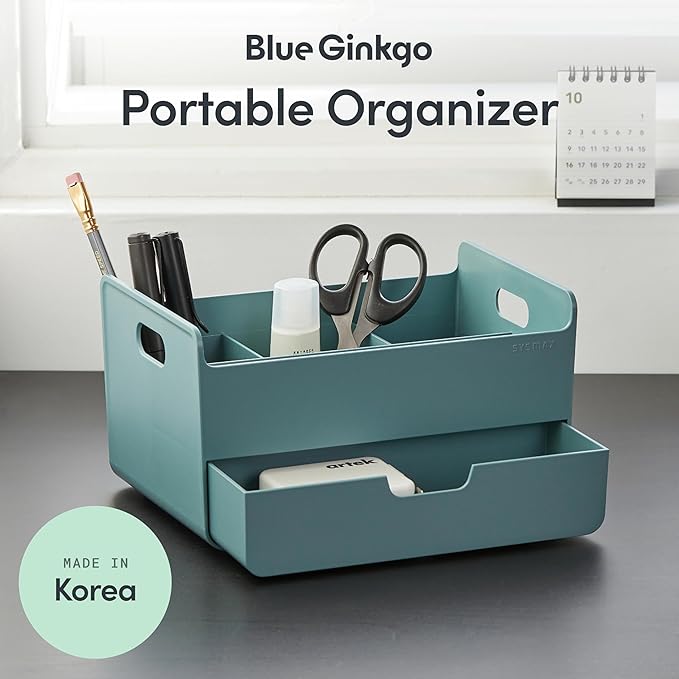 BLUE GINKGO Portable Desk Organizer, Compact 3 Compartment, Made in Korea, Green