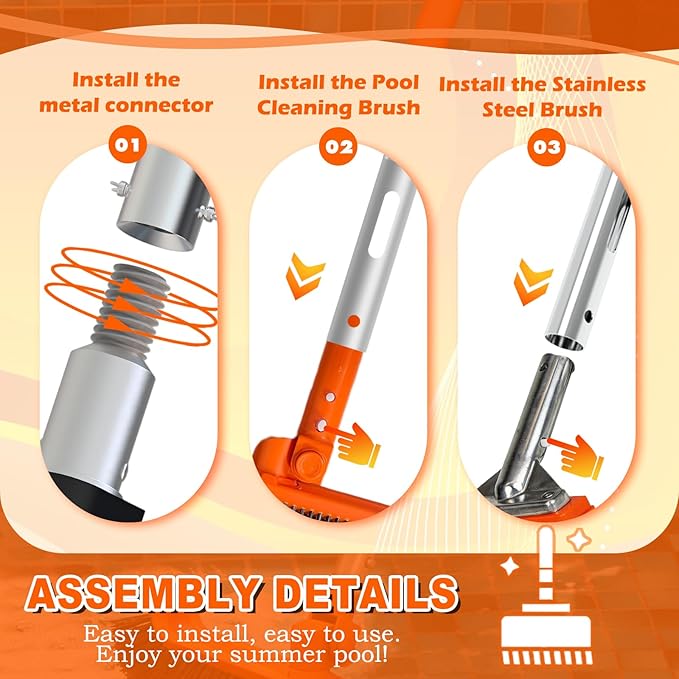 SISIUPASSIE Pool Brush Kit with Pole, Upgrade 18" Pool Brush and High-Efficiency Stainless Steel Bristles Brush with Telescopic Pole for Cleaning Pool Walls, Curved Ends, Tiles & Floors, 12 FT