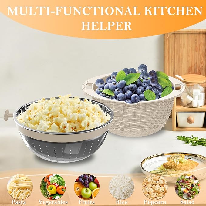 4-1 Colander with Bowl Set, Food Strainers and Colanders, Fruit Washing Bowl with Strainer, Rotatable Colander for Kitchen, Aesthetic Kitchen Gadget