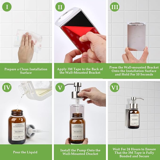 Hand Soap Dispenser,8.5 Oz Wall Mounted Shampoo and Conditioner Dispenser and Stainless Steel Bracket for with Waterproof Labels and Leakproof Pump(Silver Mount)