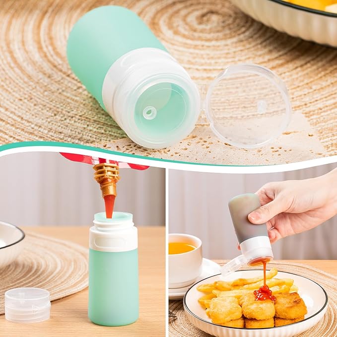 MICEBAY 8-Pack Salad Dressing Container To Go, 2-oz Silicone Small Condiment Squeeze Bottles and 1.6 oz Stainless Steel Sauce Containers Cups